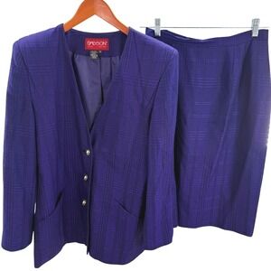 Vintage Sasson Purple Plaid Skirt Blazer Suit Set Size 10 Corpcore Structured